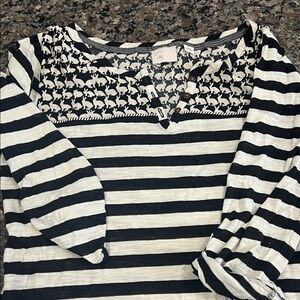 Anthropologie  Postmark Bunny Black and White Striped Henley with Patterned Yoke